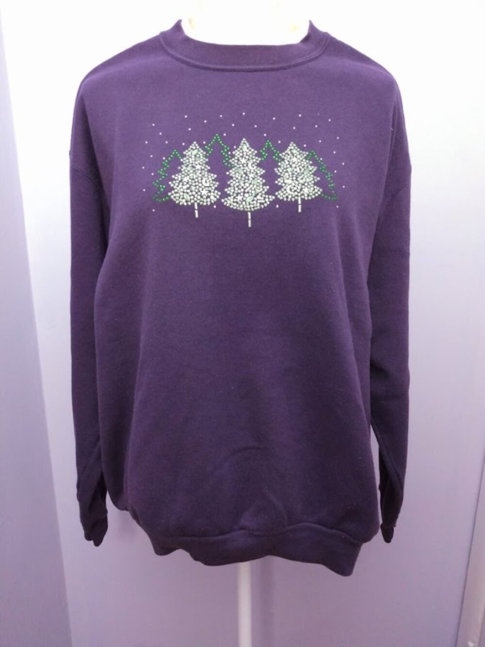 Womens 2X Vintage Holiday Sweatshirt Purple Beaded Christmas Trees Grannycore